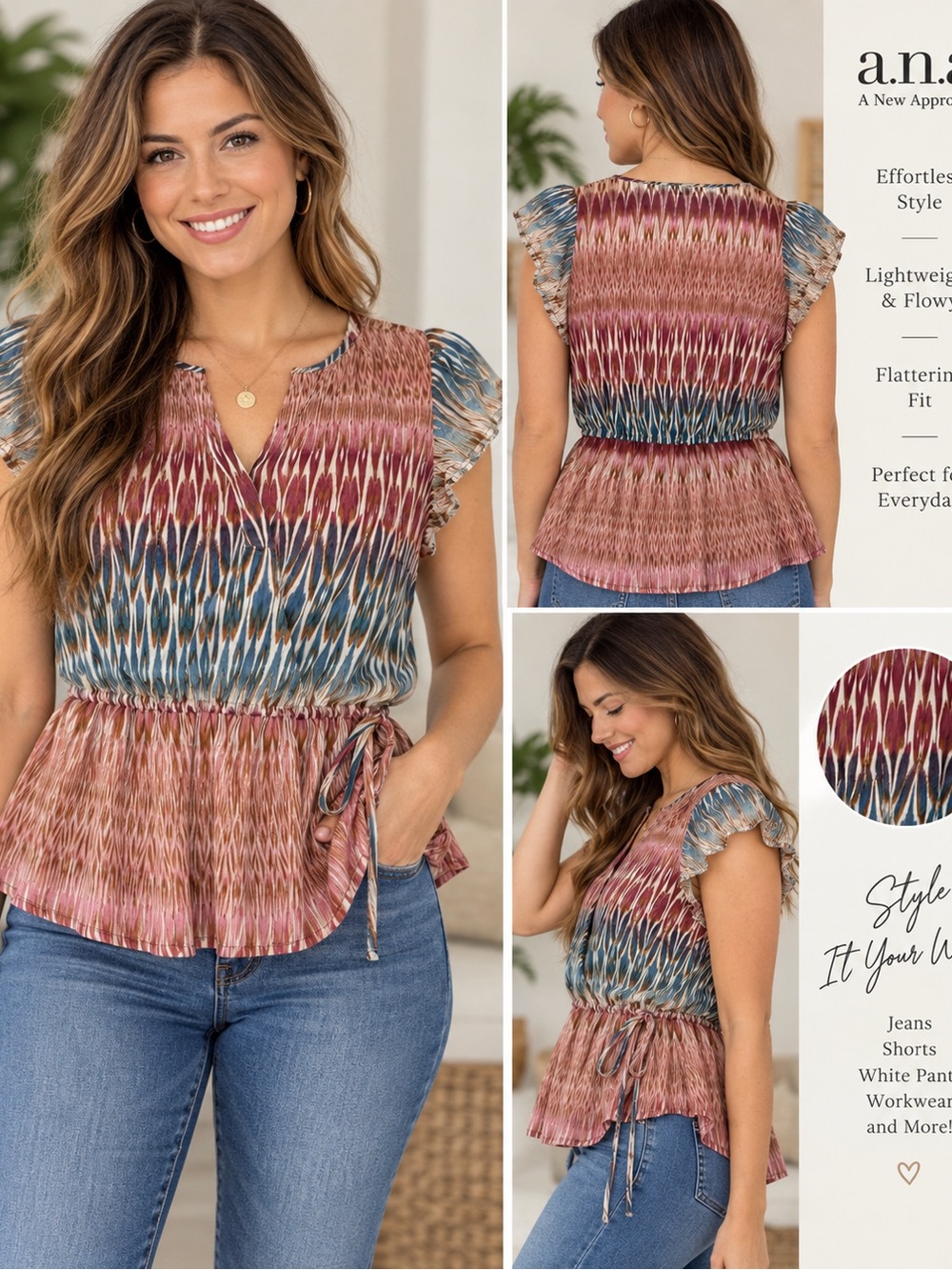 a.n.a Multi Rust and Blue Flutter Sleeve Smocked Waist Blouse, Large